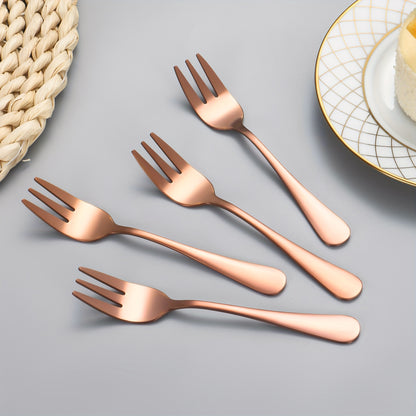 Set of 4 stainless steel dessert forks for serving fruit, cake, snacks, tea, and salad, perfect for restaurants, parties, weddings, and dessert displays.