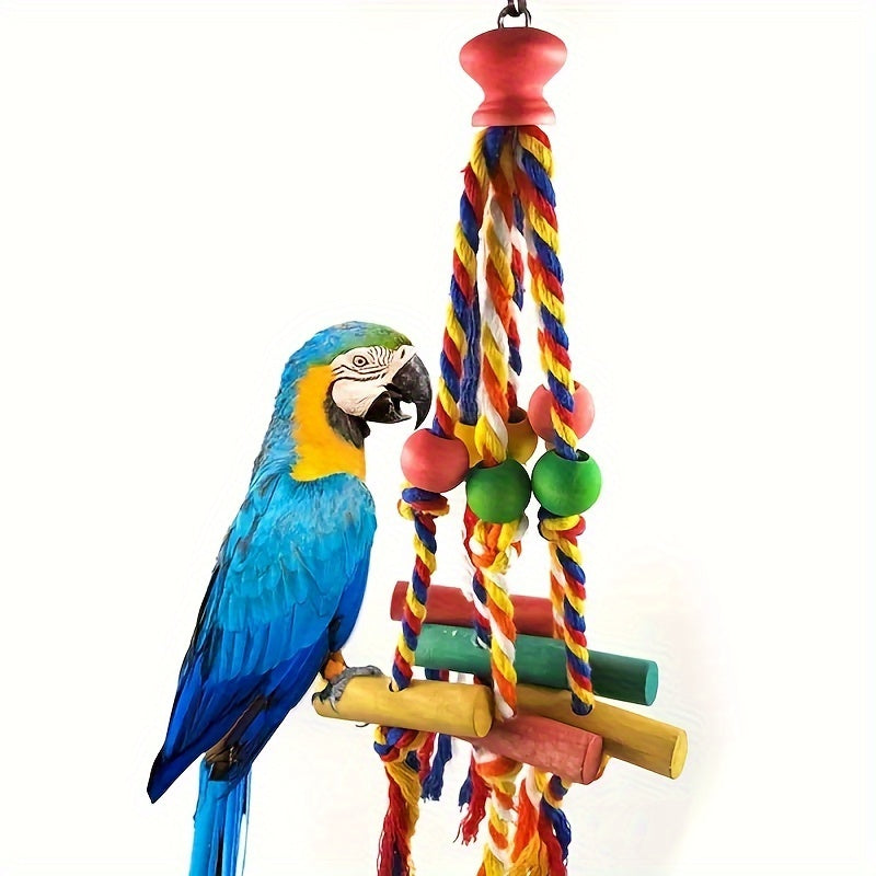 Colorful wooden swing toy with bell for small birds such as budgies, conures, lovebirds, and finches.