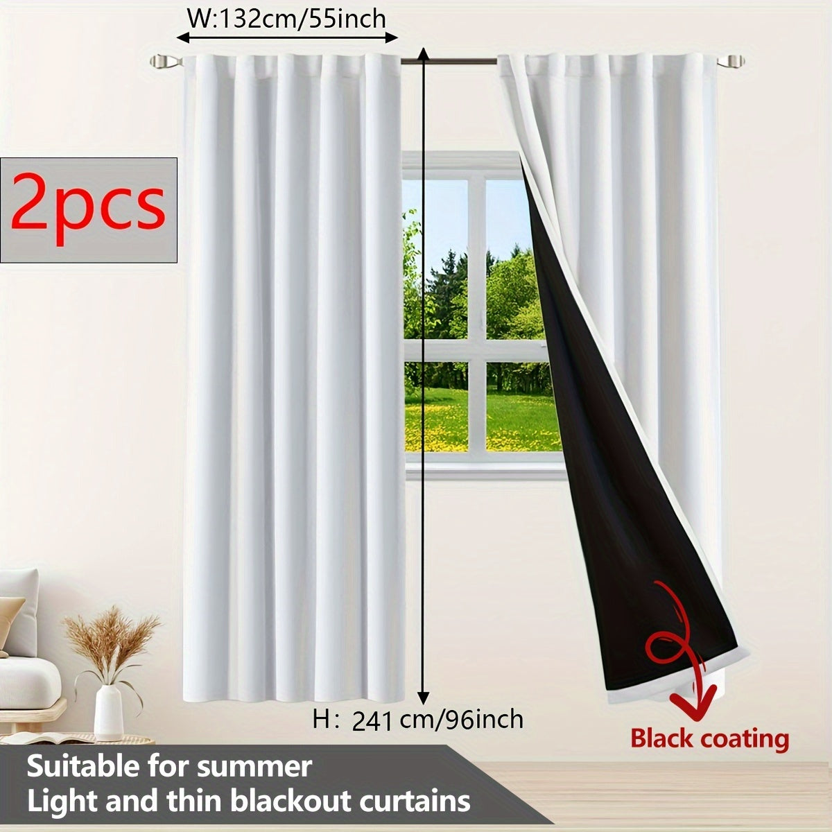 Two pieces of contemporary blackout curtains made from thermal insulated twill weave polyester. They are designed to reduce noise and block out light, making them perfect for the living room, bedroom, or study. These curtains feature a hook and ring rod