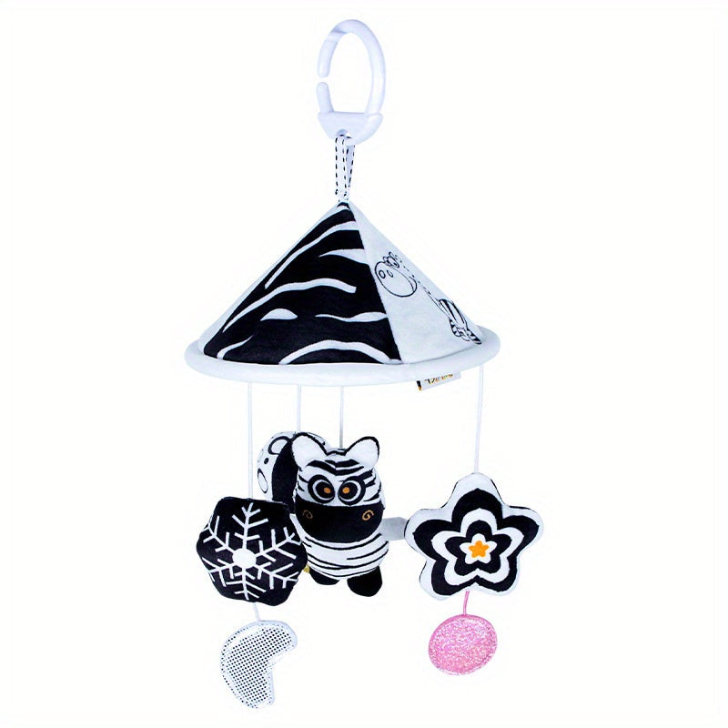 Baby toy car in black and white hanging from the baby trolley, with an umbrella wind chime for early education. The crib bell and stroller hanging umbrella bed bell pendant features black and white animal wind chimes. Additionally, there is a bed hanging