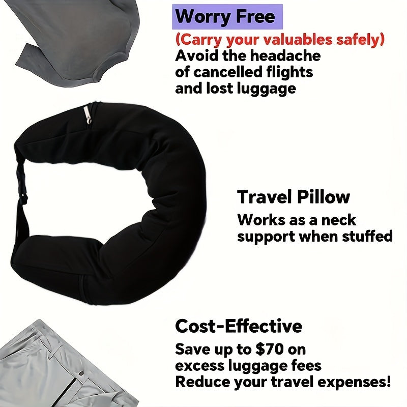 Black Adjustable and Portable Neck Pillow - Made with Comfortable Flannel, Fillable for Travel by Car, Train, and Airplane