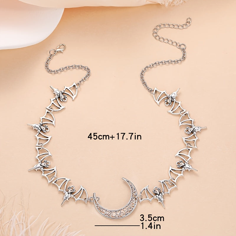 Stainless Steel Bat and Crescent Moon Choker Necklace, featuring a Punk Style, perfect for Hip Hop Collar for Women. This versatile piece is ideal for daily wear and vacation accessorizing. A must-have all-season jewelry item.