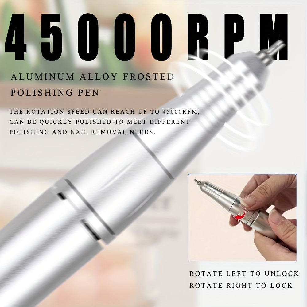 High-speed electric nail drill for professional manicures and pedicures, includes HD display and accessories for polishing and cuticle removal.