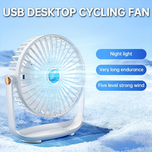 Mini desktop fan with night light, USB rechargeable and 5-speed settings. Perfect for home, office, bedroom, dorm, and more. Great for indoor and outdoor use. Makes a practical gift for summer, school, birthdays, Christmas, fishing, camping, and travel.