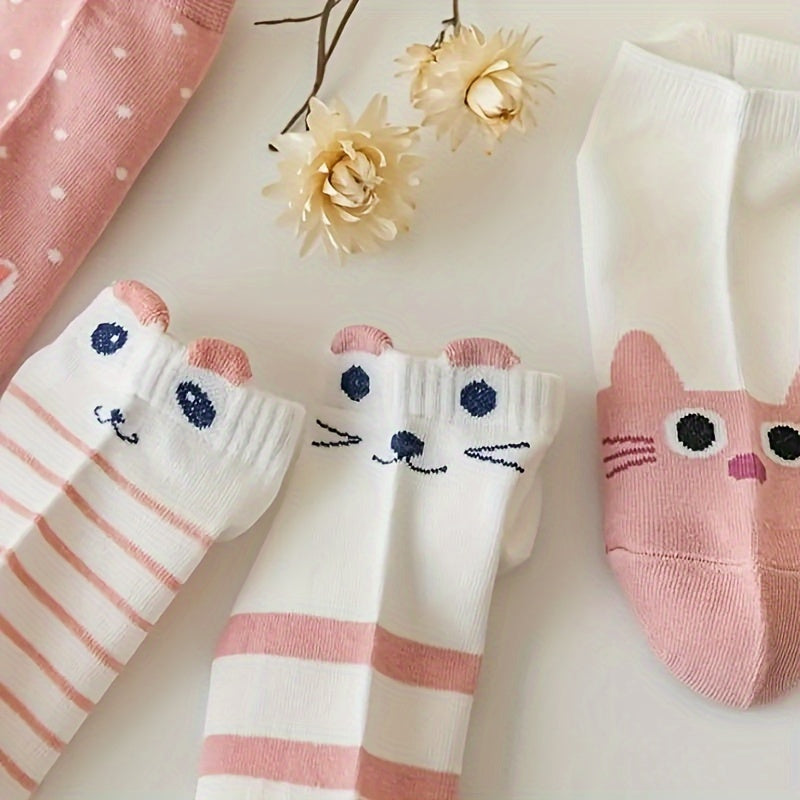 5 pairs of cute cartoon cat print ankle socks for women, soft and comfy