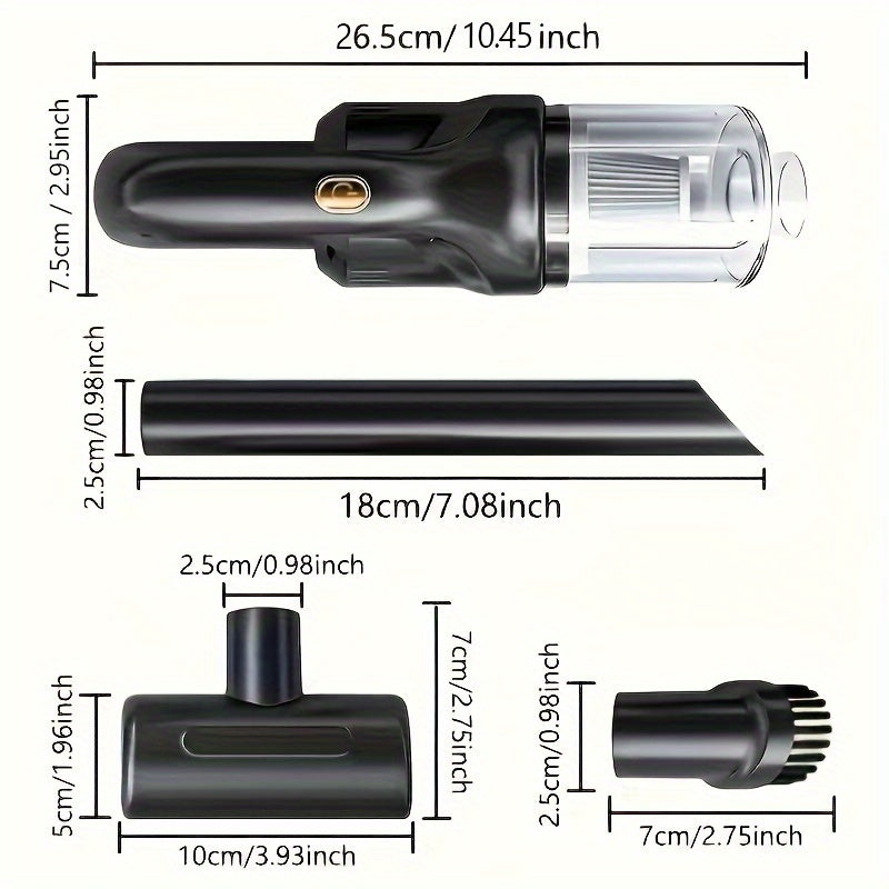 Wireless handheld vacuum cleaner with high-suction cyclone design, USB rechargeable, suitable for home, car, and office use. Includes electronic parts and 1800mAh lithium battery with 36V