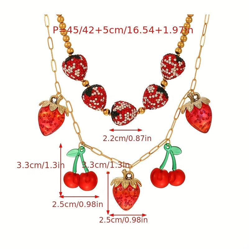 Y2K-Inspired Elegant Resin Strawberry & Cherry Pendant Necklace with Vibrant Red and Golden Accents - Great for Ladies & Sisters, Perfect for Parties & Festive Events