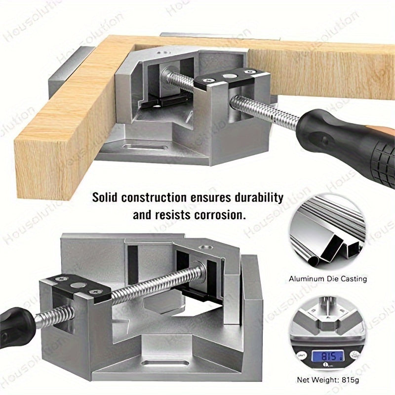 Aluminum clamp for welding, woodworking, and picture frames, creates 90 degrees angle