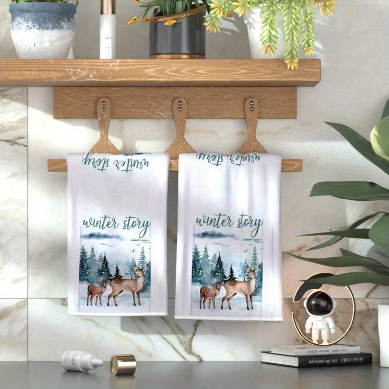 Set of 2 Cozy Winter Deer Towels - 45.72x66.04cm Soft Polyester, Easy Care, Perfect for Kitchen & Bathroom, Elegant Deer Print - Great Gift, Bathroom Decor with a Touch of Nature