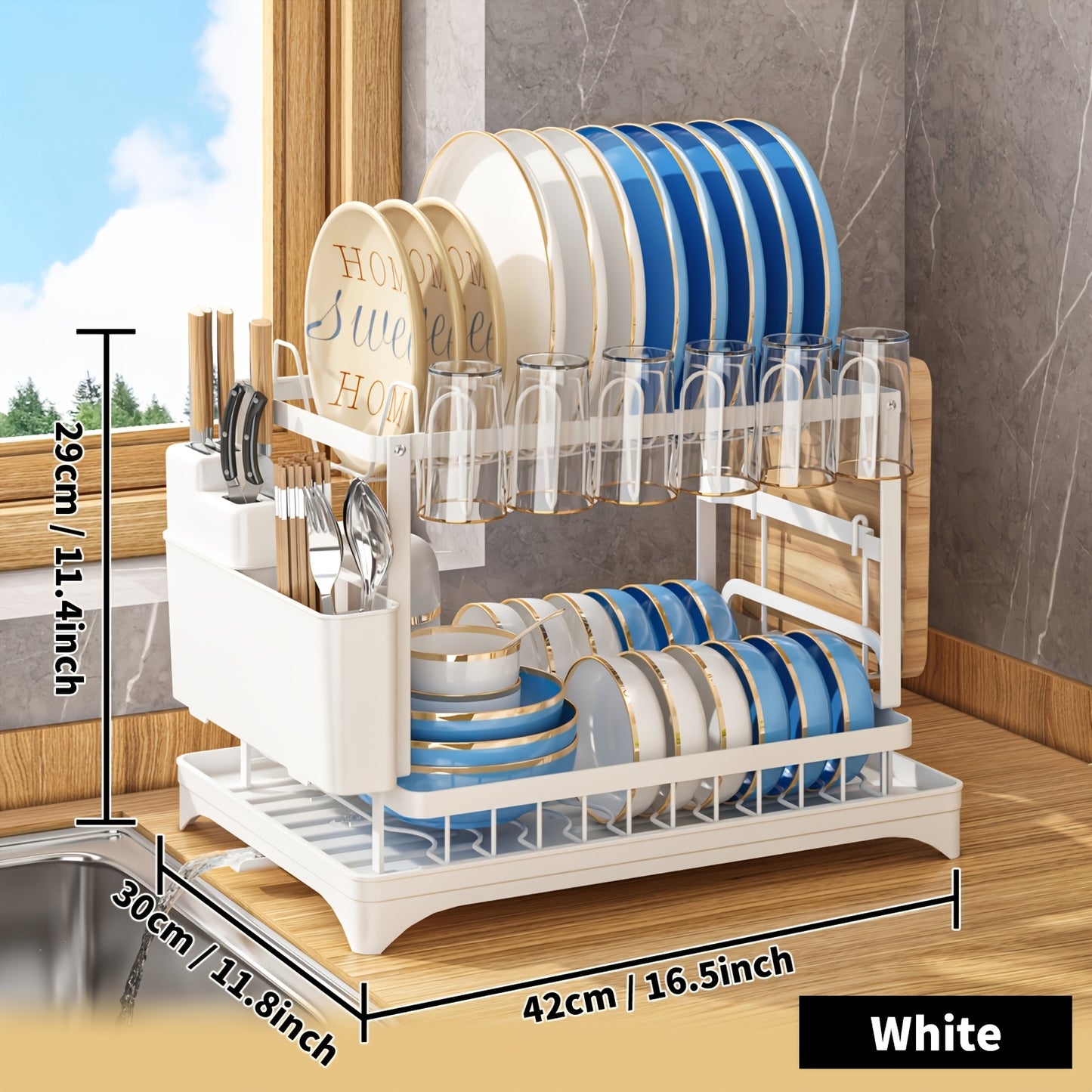 LDQ 1pc Dish Drying Rack with Two-Tier design, includes Drainboard, Cutting Board Holder, Utensil Holder, and Cup Holder. Comes in White and Black options.