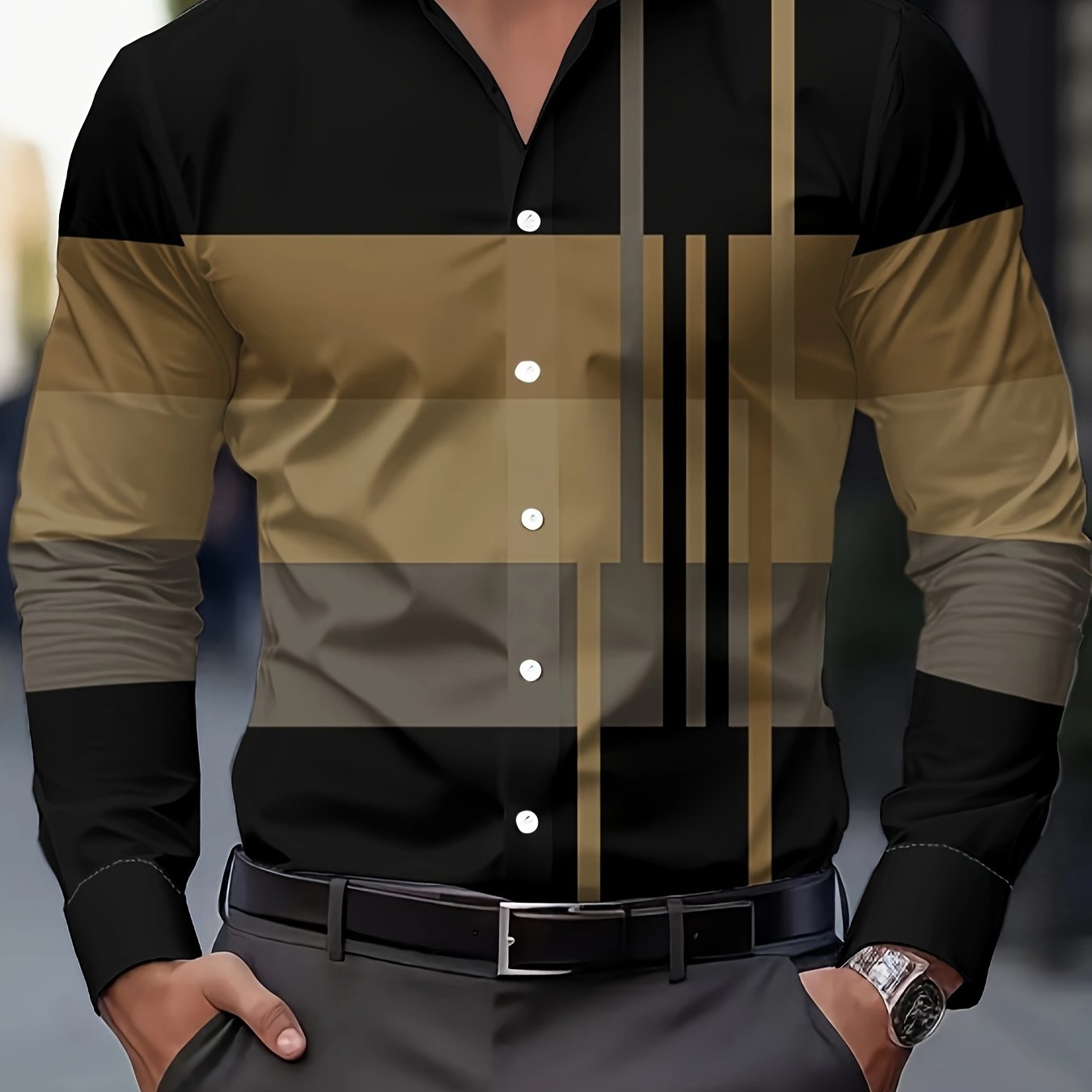 Men's Stylish Printed Shirt, Casual, Breathable Long-Sleeve Button-Up for Spring and Autumn.