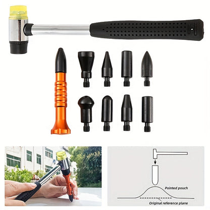 Car dent removal kit with paintless dent repair tools, including a suction cup dent puller tool.