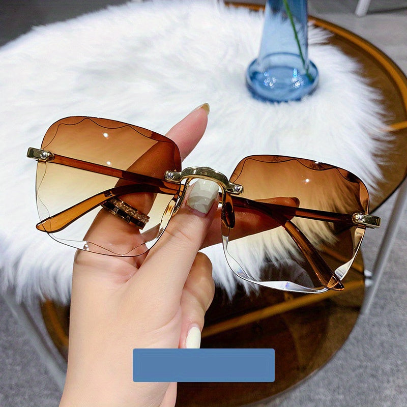 Square rimless fashion glasses for women and men with gradient sun shades, suitable for vacation beach travel. Glasses case not included.