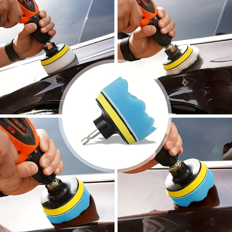 This kit includes a car polishing sponge pad and wool cap pad, designed for use with household electric drills and automatic polishing machines. It also includes suction cup drill bits for cleaning, waxing, dust removal, and polishing your vehicle.