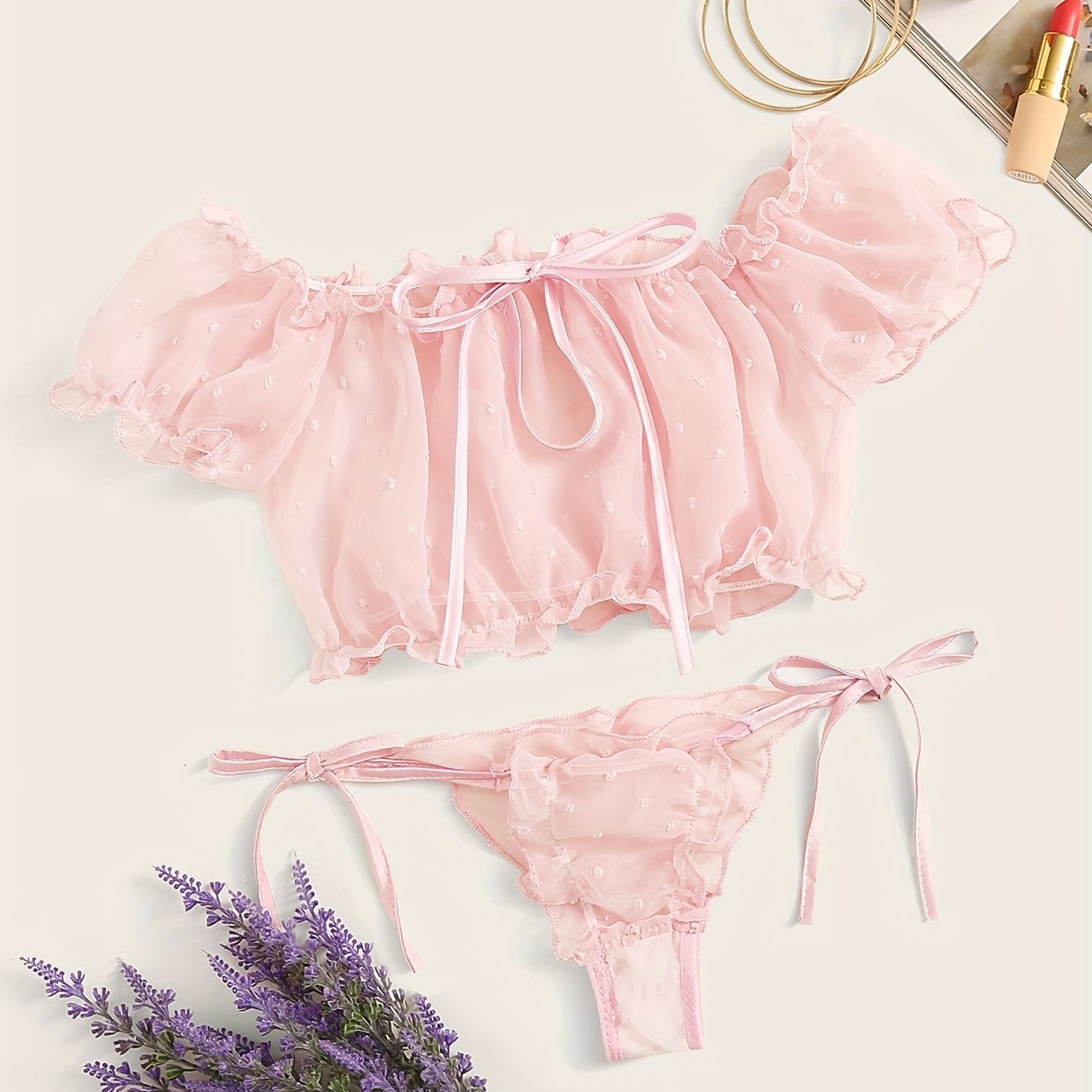 Seductive lingerie set with one-shoulder design, wave stitching, and tie belt pajamas.