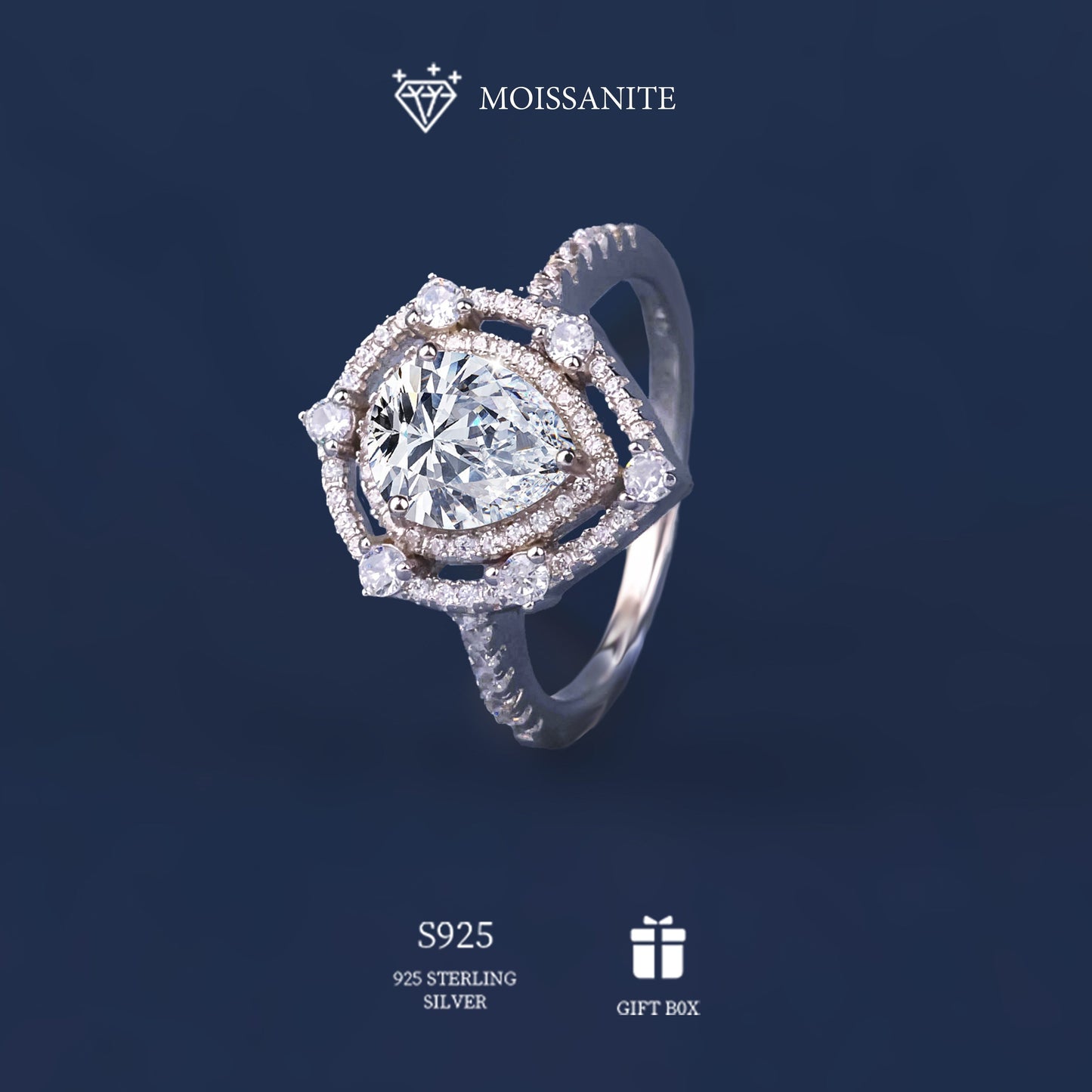 Beautiful 925 Sterling Silver Hypoallergenic Ring featuring a 2ct Pear Shaped Moissanite on a Double Layer Love Heart design. Perfect for Women's Engagement, Proposal or Wedding. Comes with Moissanite Certification and packaged in an Exquisite Gift Box.