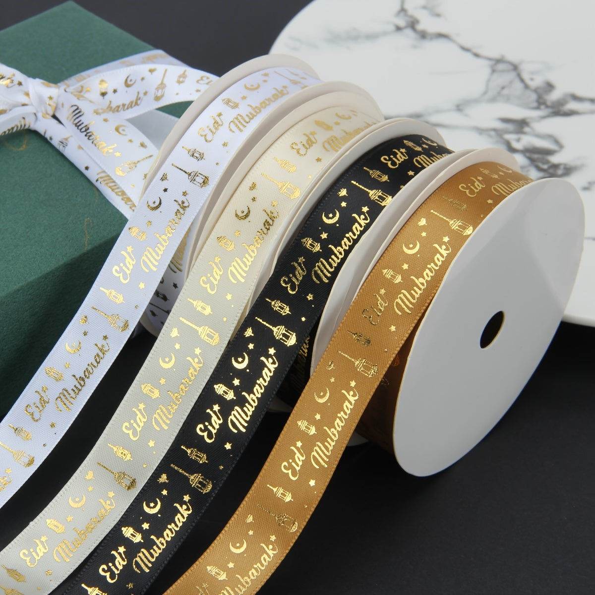 Polyester ribbon with star and moon patterns for Ramadan lantern gift wrapping and festive decorations, suitable for non-waterproof surfaces.