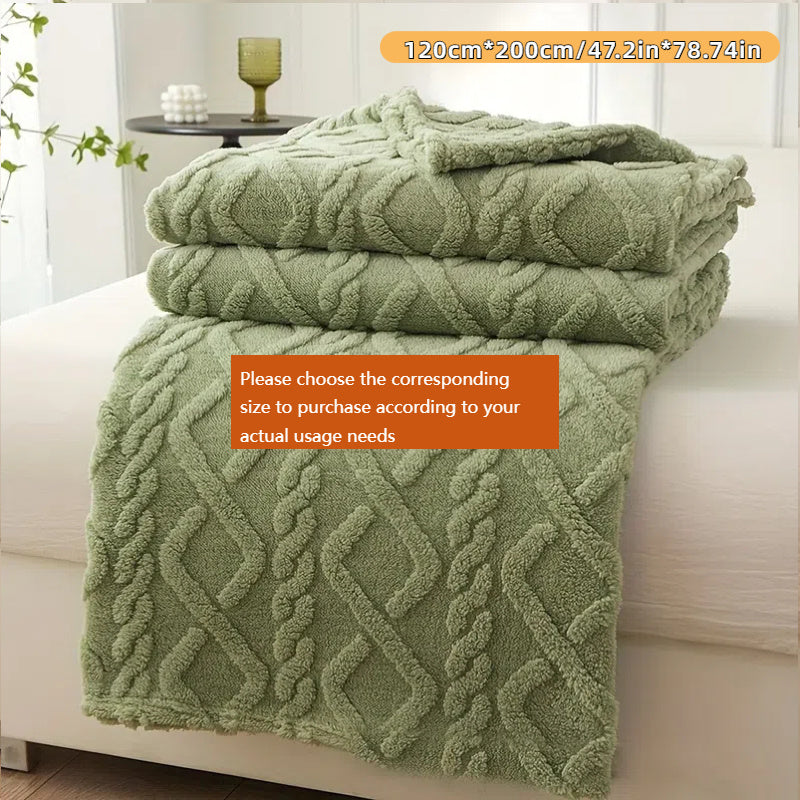 1pc Cozy Plush Fleece Blanket in chic diamond design, perfect for bed, sofa, or travel. Soft, thick, and warm for all-season comfort. Hand wash only. Available in light green, cream, blue, and pink options. Great for travel or adding chic style to your