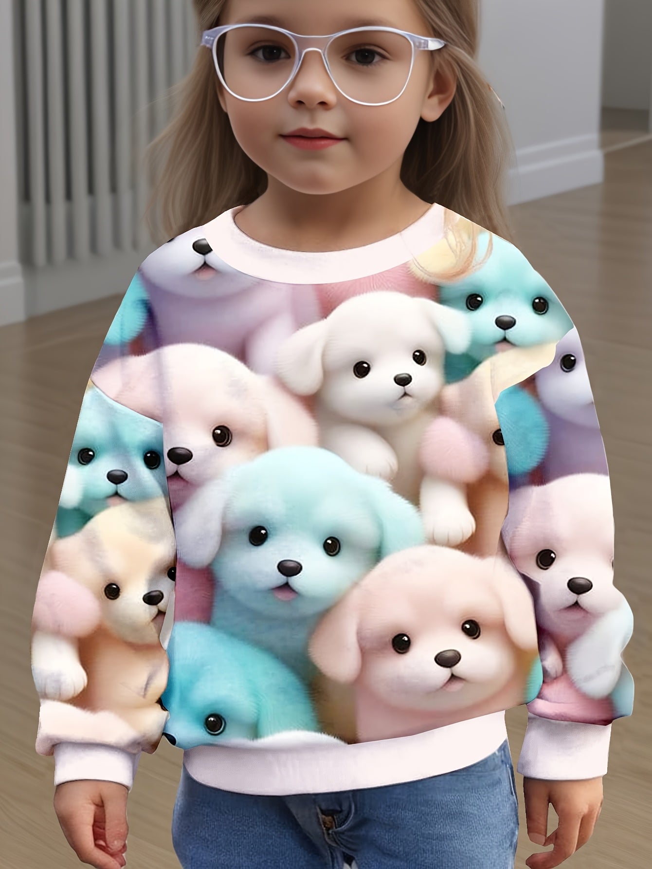 Girls' long sleeve crew neck t-shirt with cute puppy print and animal pattern, made of 95% polyester and 5% elastane, ideal for spring/fall wear.