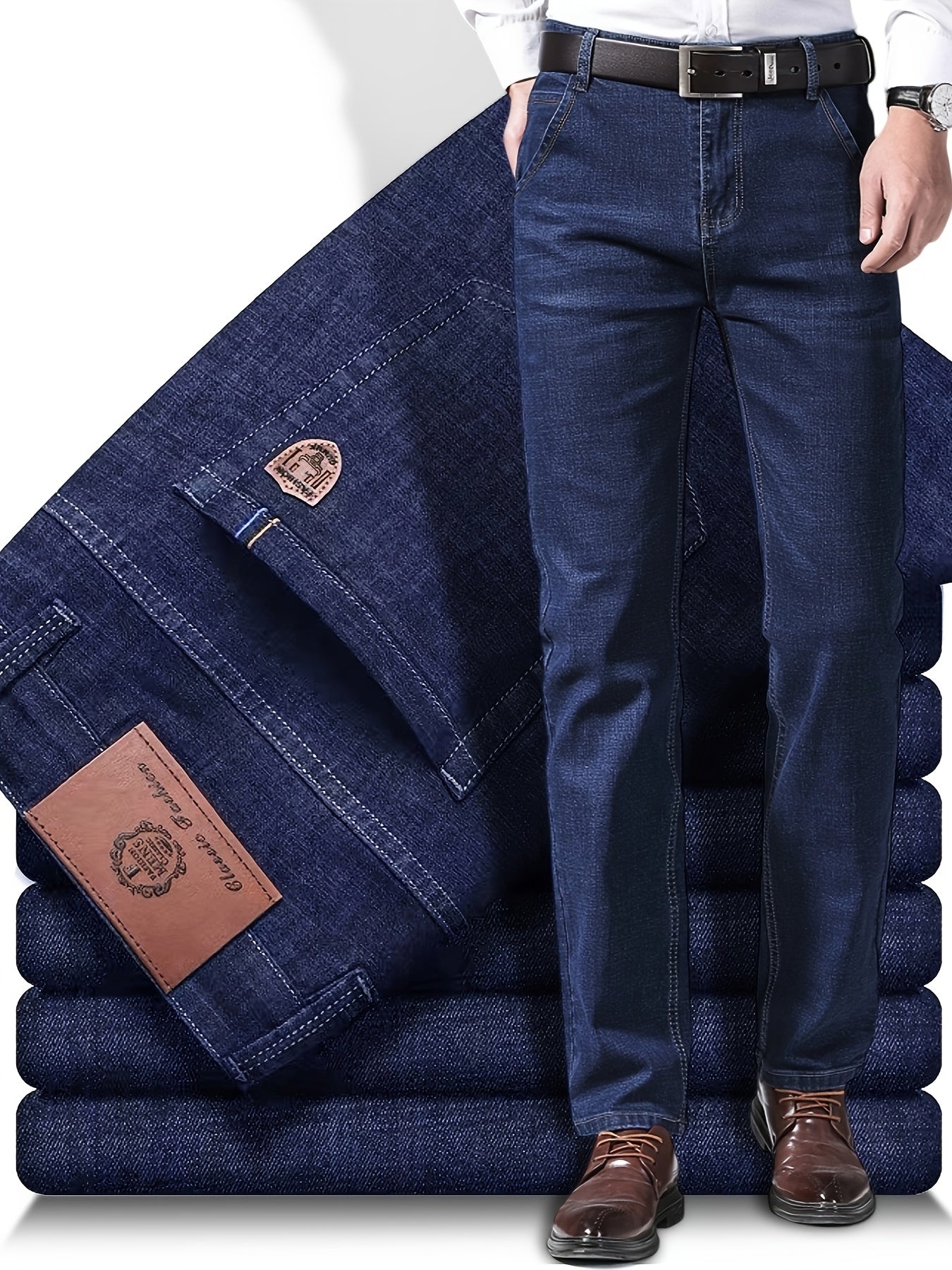 Men's Classic Straight Fit Jeans made of 61.6% Cotton, 36.9% Polyester, and 1.5% Elastane with Regular Length. The jeans have a slight stretch, weigh 260g/m², come in a solid color, are