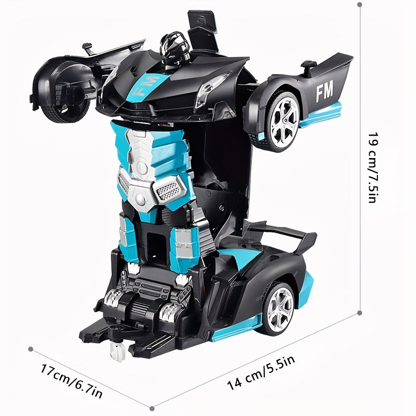 Remote control car transforms into robot, drifts 360°, with dynamic lights and USB rechargeable battery. Black and blue sports car design, great for outdoor play. Ideal birthday or holiday