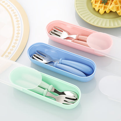 Set of 3 stainless steel youngsters' utensils with colorful handles, dishwasher safe. Includes fork and spoon in blue geometric pattern in pink and green cases.