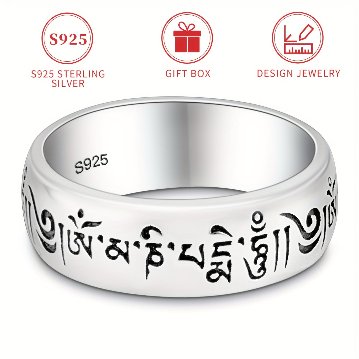 Vintage Ethnic Style 925 Sterling Silver Ring, 5g, Unisex, Hypoallergenic, Nickel-Free, Engraved with Mantra, Celestial Symbol and Solid Silver Plating. Ideal for Everyday Wear and Gifting, Comes in a Gift Box for presentation.