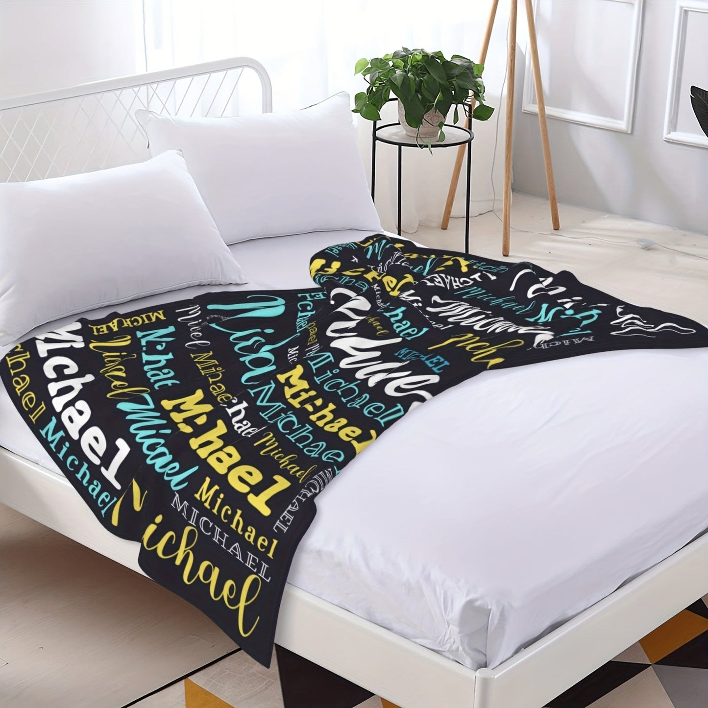 Personalized Big Name Blanket by QOGOER made from an ultra-soft 100% polyester flannel knit fabric, featuring high-quality digital printing in a mixed color design that is suitable for all seasons.