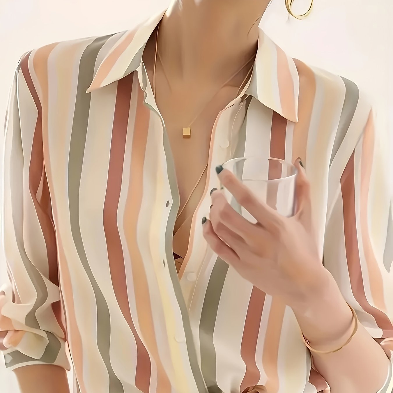 Casual striped print button-down shirt for women. Made from 100% polyester woven fabric with a lapel collar, long sleeves, and lightweight at 110g/m². Ideal for spring, summer, or fall.