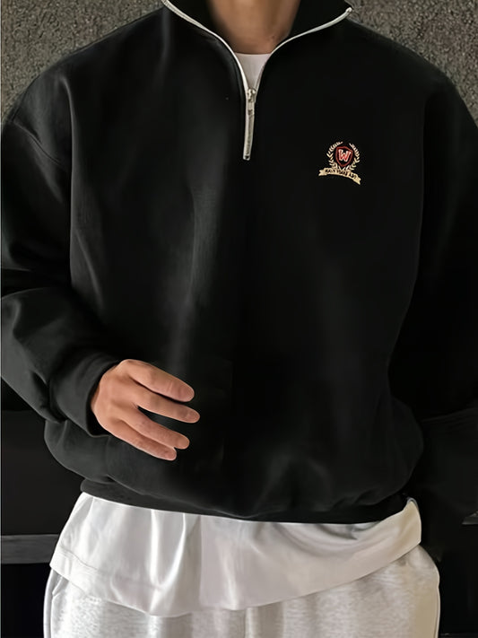 Men's Soft Zip-Up Sweatshirt with Rose Logo, Stand Collar - Ideal for Spring/Fall, 100% Polyester