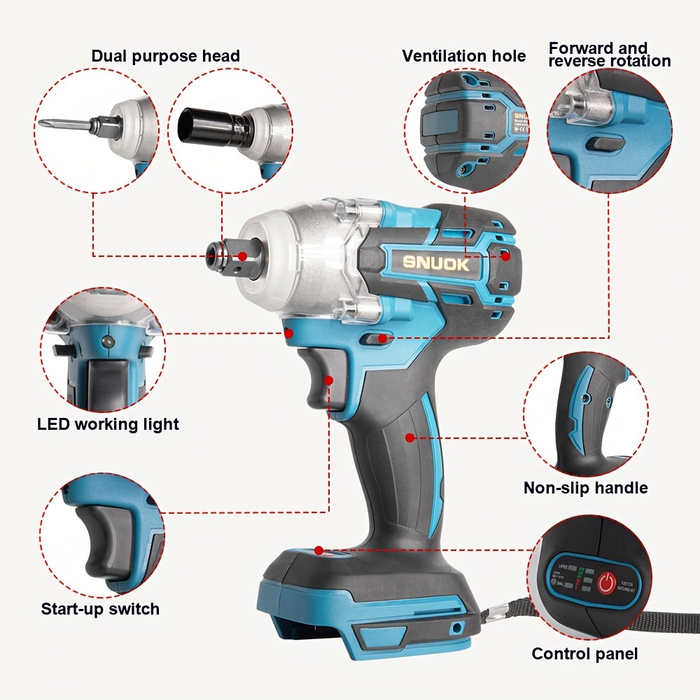 SNUOK 18V Brushless Electric Wrench, Dual Function Drill for DIY & Repair with High Torque & Pure Copper Motor. Compatible with Makita 18V lithium battery.