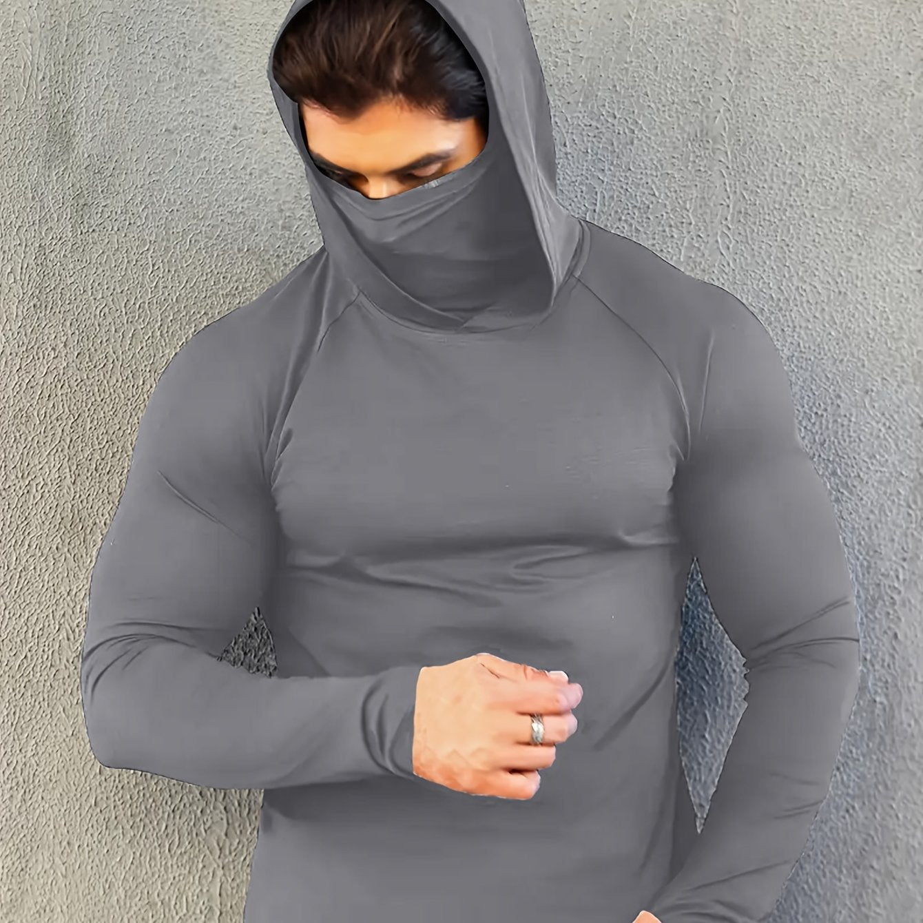 Men's hoodie with mask, quick-drying and breathable long-sleeve t-shirt, spring and autumn compression sports top enhances workout performance, a gift.