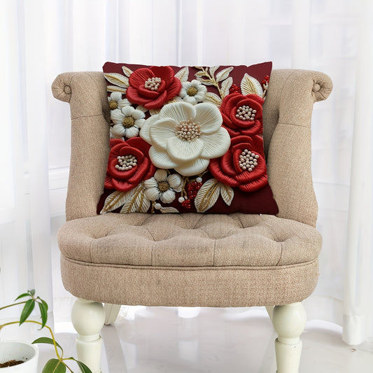 Soft & Cozy 3D Floral Print Red and White Plush Throw Pillow Cover, 44.96cm x 44.96cm with Zip Closure - Ideal for Home, Office, and Car Décor.