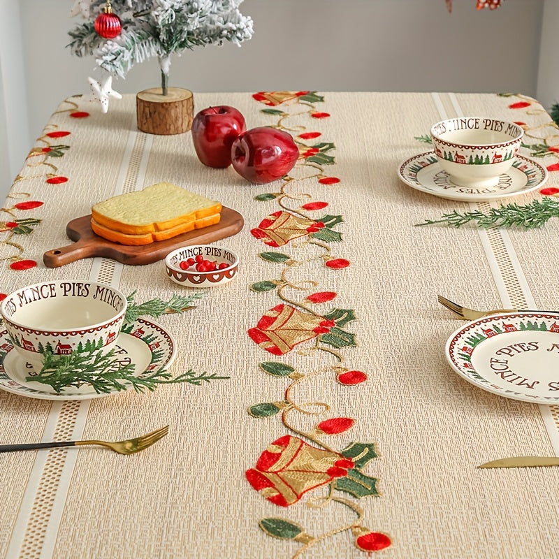 Red bell floral tablecloth, perfect for festive Christmas dining and kitchen decor. Made of square polyester and machine-woven.