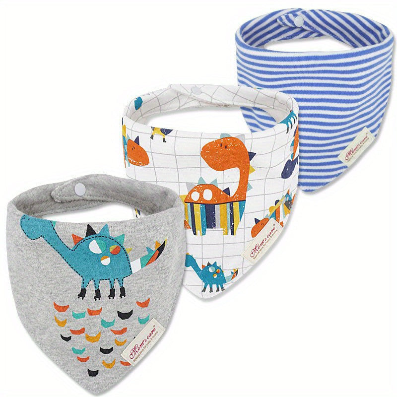 Baby Saliva Towel Set with 3 Pieces, includes Toddler Feeding Bib and Triangle Saliva Towel. Features Double Snap Adjustment Neck Bib for Baby Boys and Girls with Cartoon Embroidery.