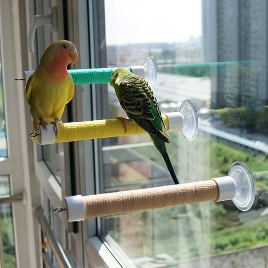 Colorful bird perch for parrots with suction cup base. Easy to install and clean. Includes 1 replacement bandage. Suitable for smooth surfaces.