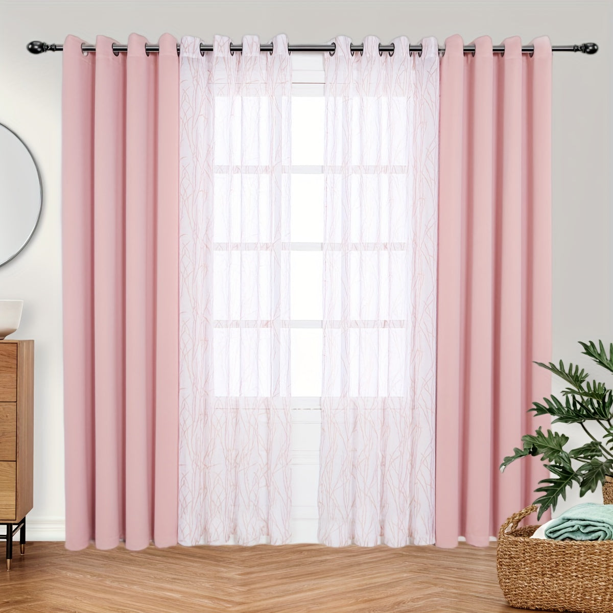 Pair of Curtains for Bedroom or Living Room - Includes 1 Sheer Branch Print Curtain and 1 Blackout Curtain, Grommet Style, 54x84 Inch Each, Dark Gray, Set of 2 Panels