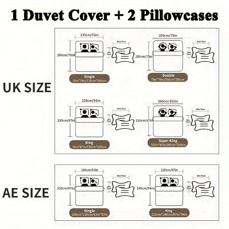 Polyester bedding set includes a duvet cover and two pillowcases in various colors. Does not include pillow core.