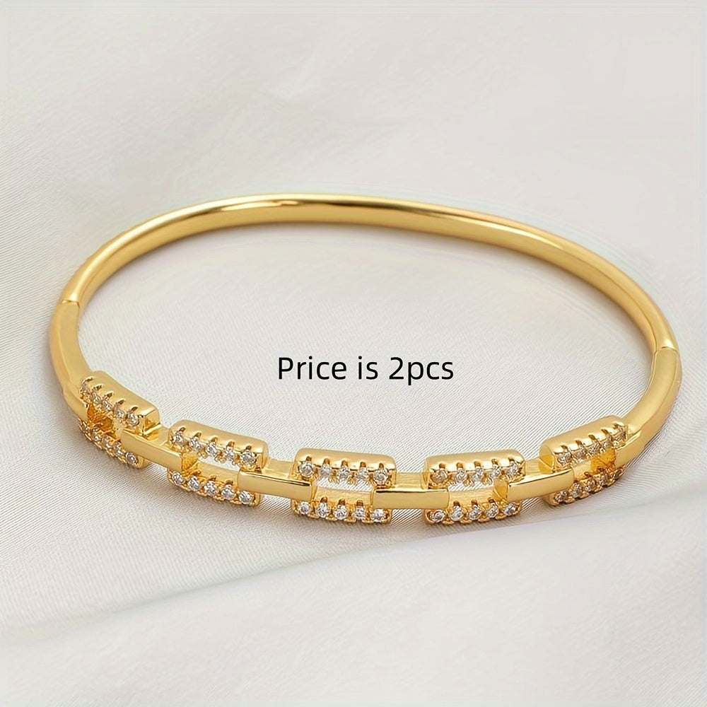 Set of 2 Elegant Bridal Cuff Bracelets with Zirconia Stones, 24K Plated Copper - Perfect for Weddings, Parties, and Valentine's Day Gifts. Versatile for All Seasons.