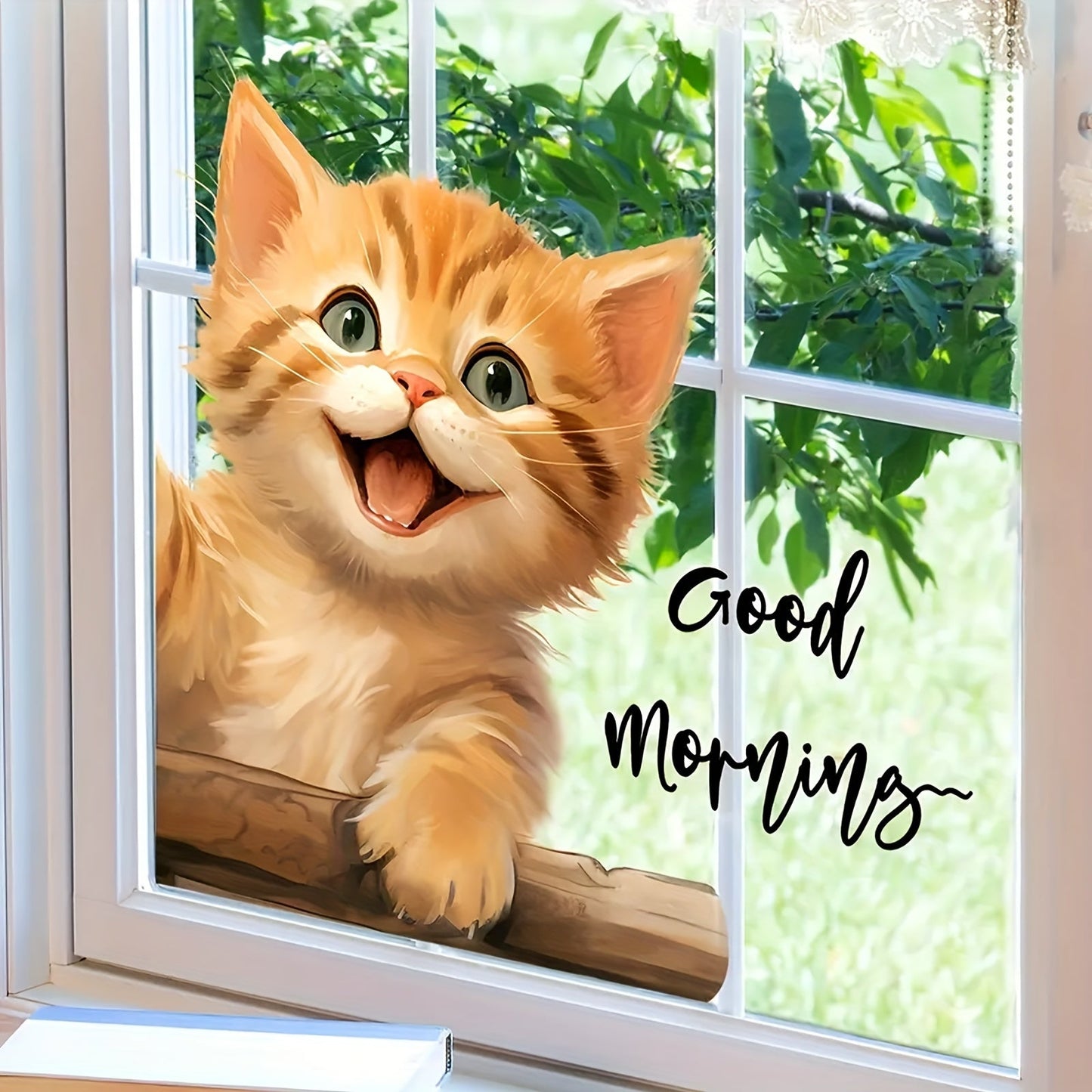 Eclectic Style Cat Window Sticker with Animal Print, Self-Adhesive Polyvinyl Chloride Material, Reusable Glossy Finish, Decorative PVC Film for Toilet, Glass, and Windows - "Good Morning" Kitty Decal, 1 Piece