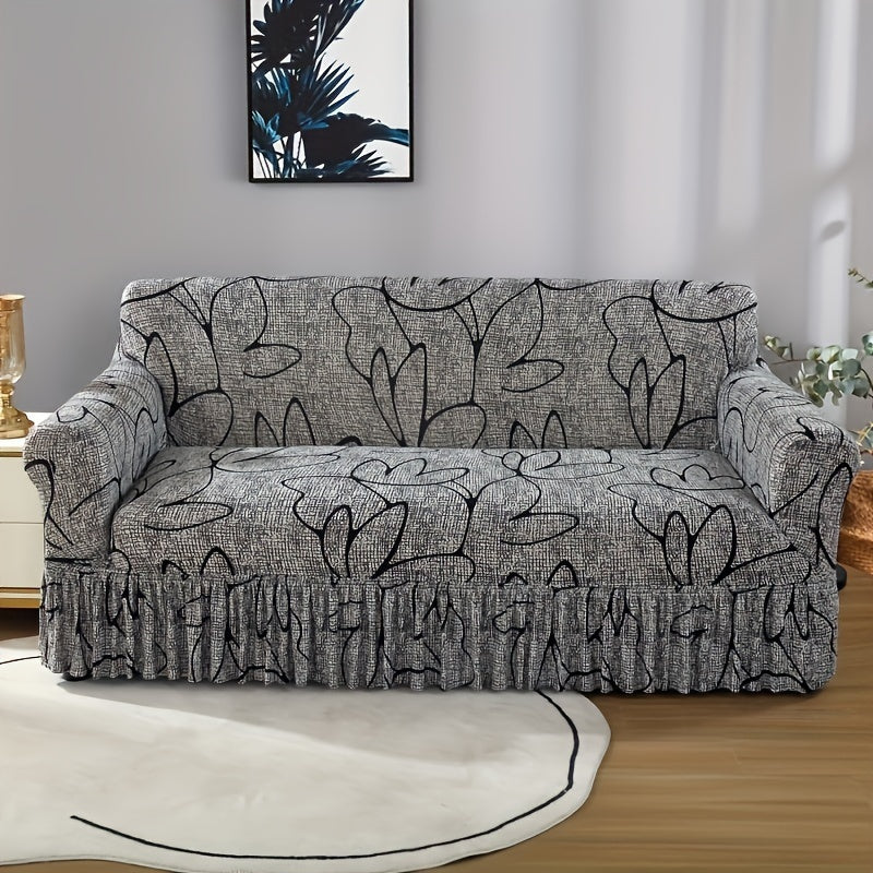 Grey Bohemian style sofa cover with skirt, machine washable, suitable for all-season use. Made of polyester spandex fabric, ideal for living room, bedroom, or office decor.