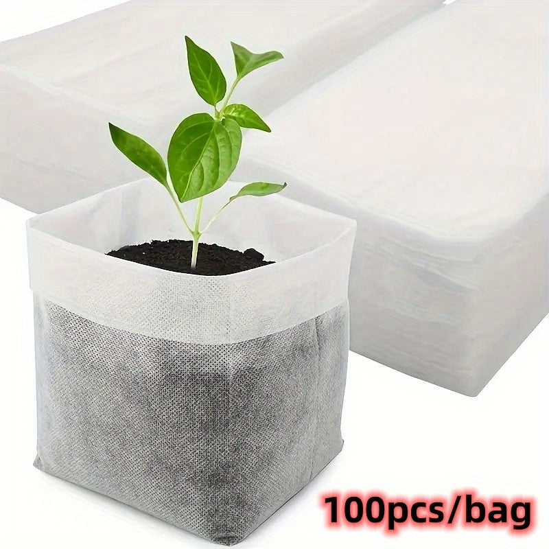 100 Biodegradable Seedling Nursery Bags in 8.0x10.01cm size, made of non-woven fabric for planting and transplanting seedlings. Ideal for home garden supplies and agricultural production.