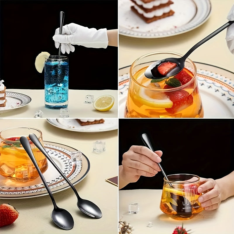 Set of 6 long-handled iced tea spoons, black stirring spoon, high-quality stainless steel coffee spoon, cocktail stirring spoon, long-handled teaspoon, mirror polished, dishwasher safe.