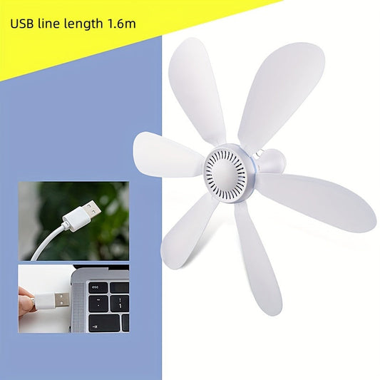 USB Powered Personal Fan for Office and Camping - Portable Ceiling Fan with Rechargeable Battery and 6 Blades, 1.6m Cable, Button Control, Plastic Material, Indoor/Outdoor Hanging Electric Fan with Multiple Components