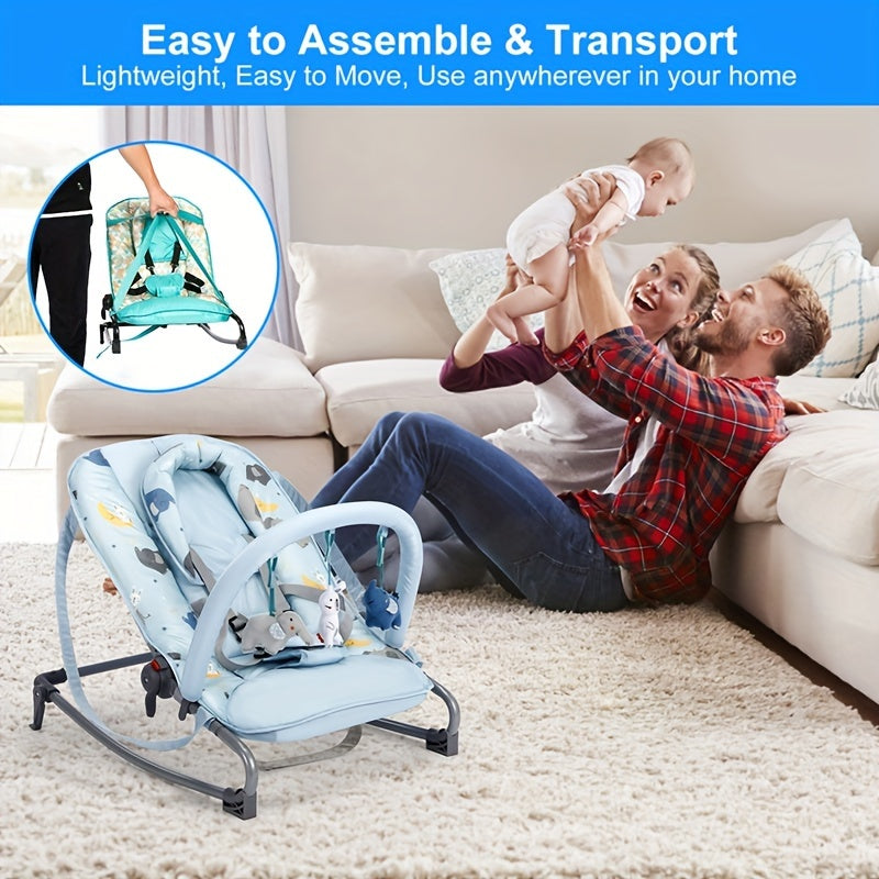 Blue Adjustable Kids Recliner Rocker Chair with Toy Bar, Steel Construction for Ages 0-9 Months