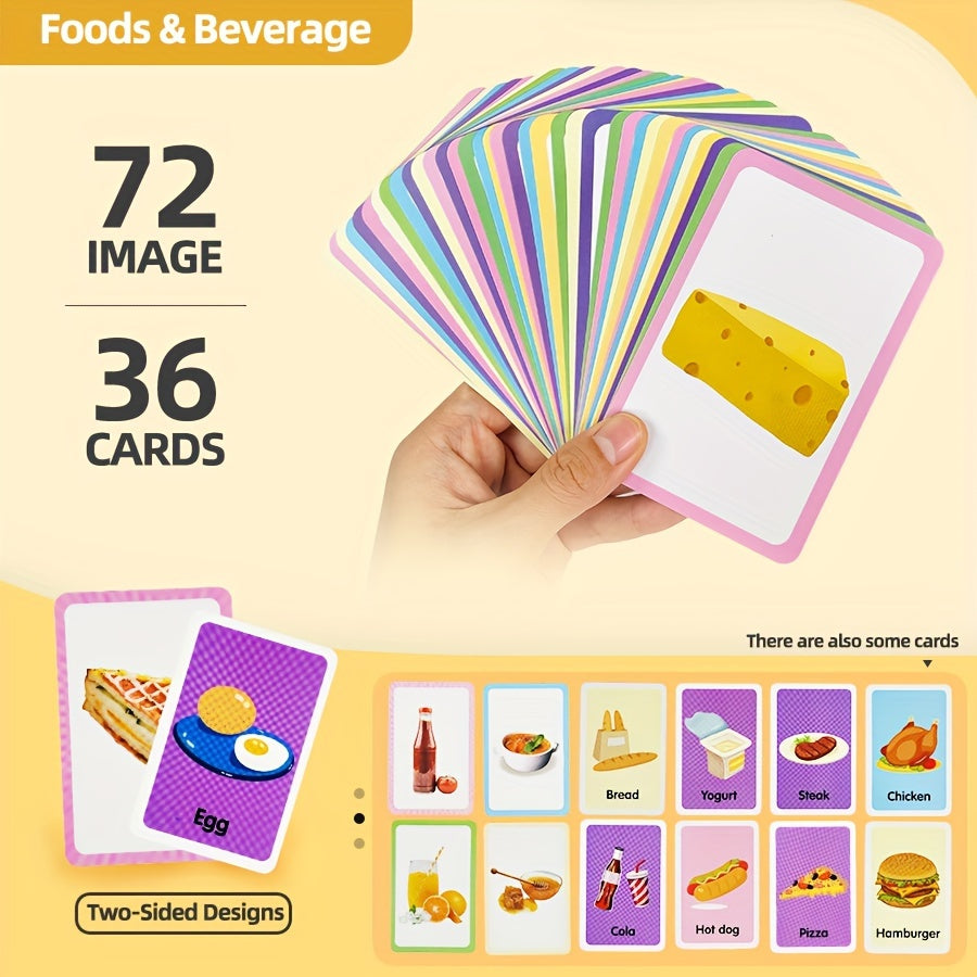 Educational flash cards for ages 3 and up - 36 bilingual double-sided cards featuring animals, fruits, vegetables, foods, shapes, and body parts - paper teaching aids in mixed colors