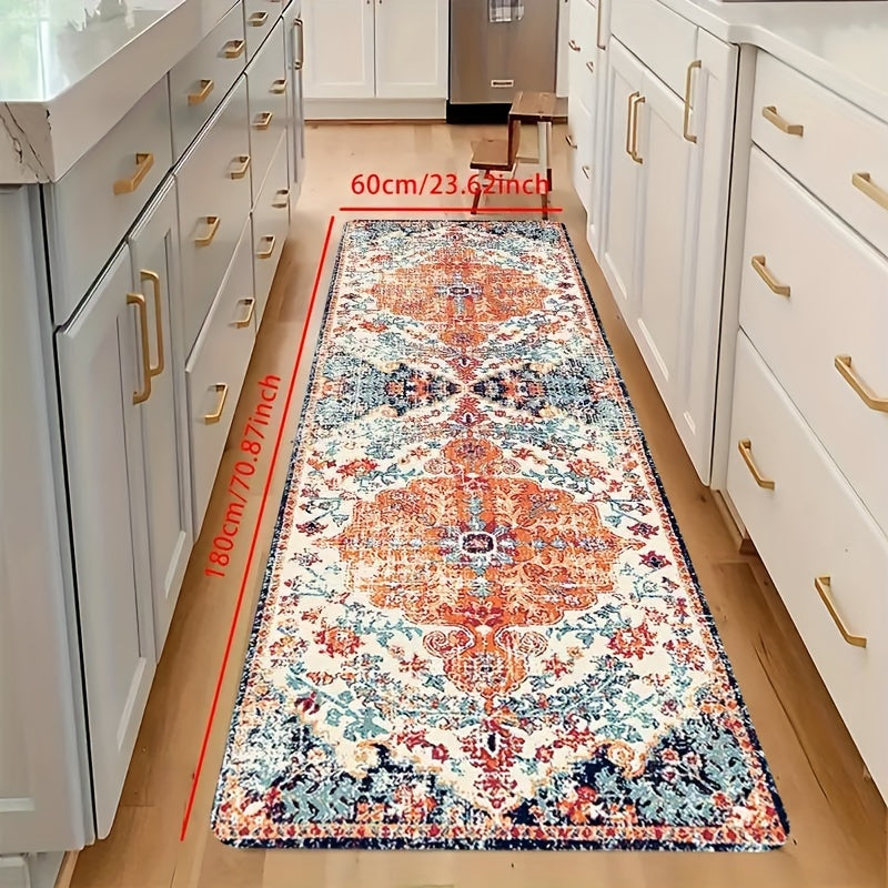 An antique bohemian patterned rug that can be used as a kitchen mat, outdoor carpet, entrance doormat, bathroom mat, non-slip kitchen mat, pet feeding mat, and feeding pad.