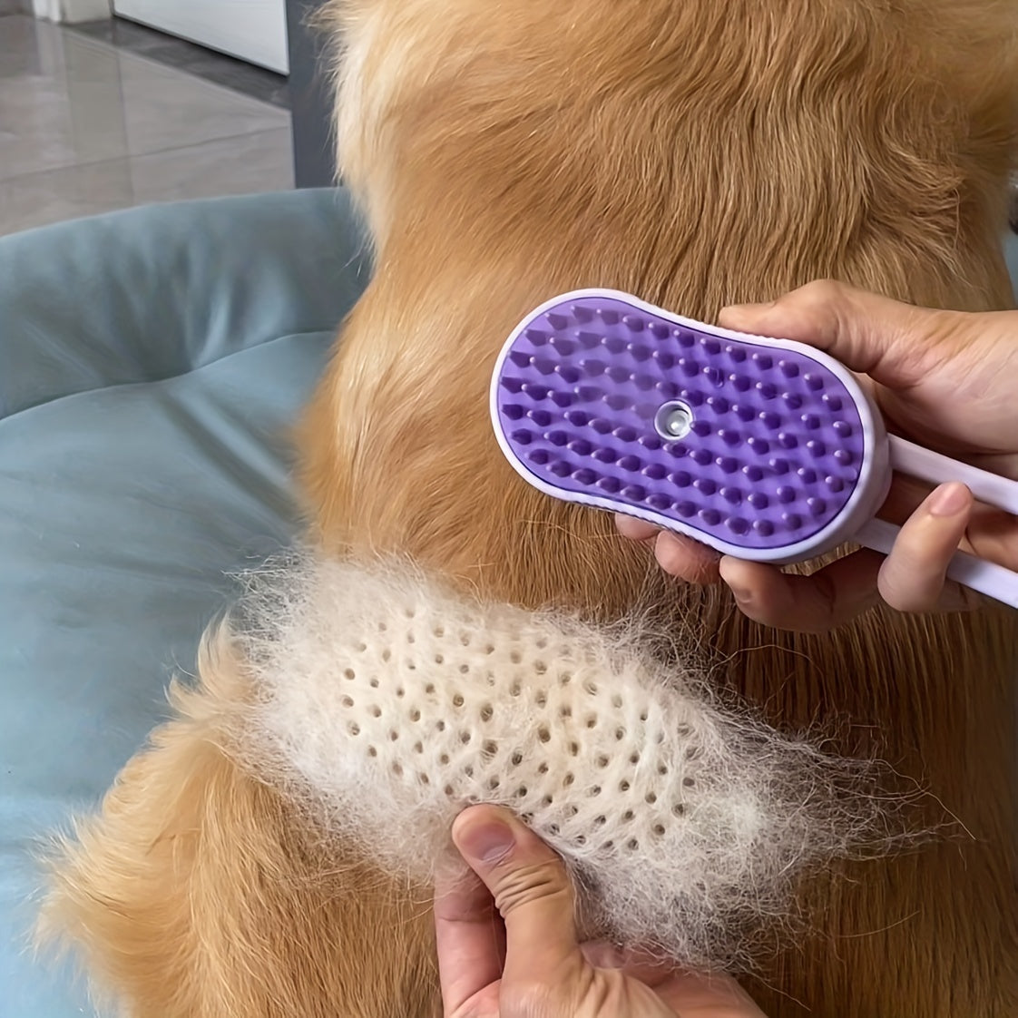 Pet grooming spray comb for cats that is easy to clean and removes loose fur without the need for a bath. Features massage and steam brush.