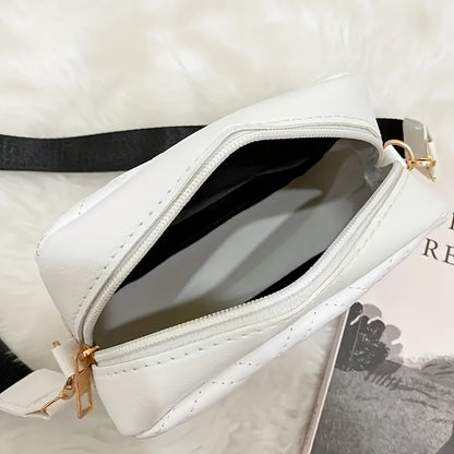 Women's fashion crossbody bag made of stain-resistant synthetic leather with removable strap. Available in khaki, white, and black. Zippered camera bag design.