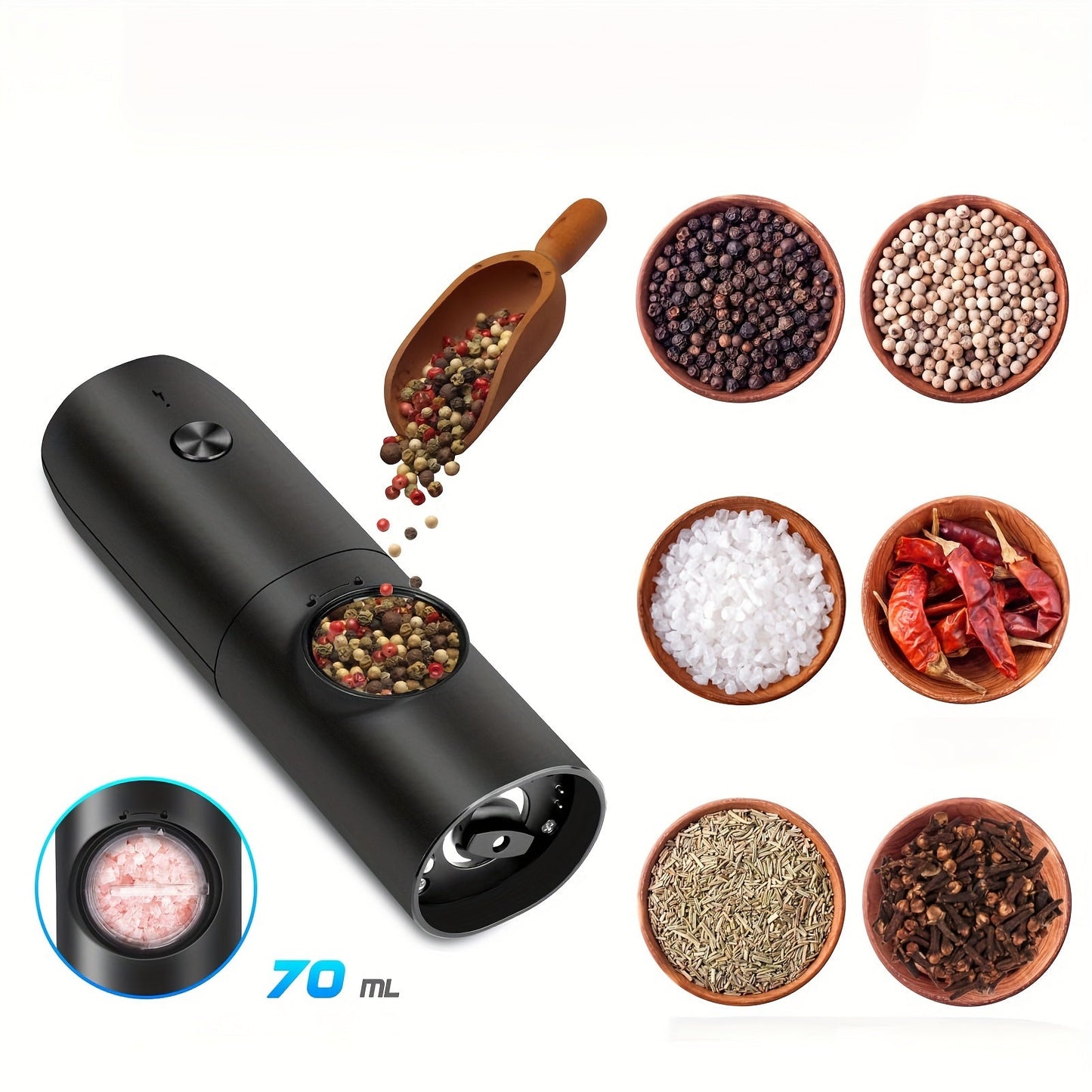 Get a set of two rechargeable electric salt and pepper grinders with adjustable coarseness levels. These spice mills come with a built-in lithium battery that can be easily charged with a USB cable. Made of durable plastic, they are perfect for holiday